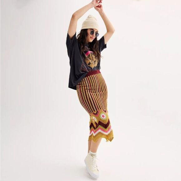 NWT SO Goods for Life Women's Skirt XS Brown Orange Crochet Knit Midi Boho - Picture 4 of 16